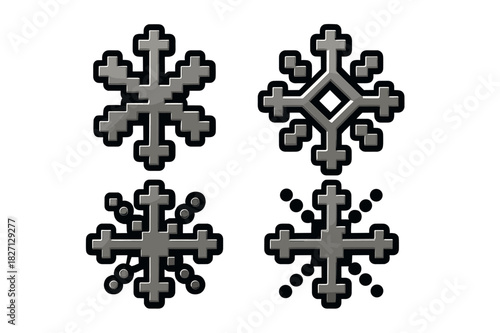 Various geometric snowflake designs in a monochrome color scheme suitable for winter decorations or graphic use