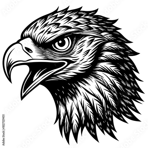 Eagle head illustration showcasing fierce expression and intricate feather details in black and white design Generative AI