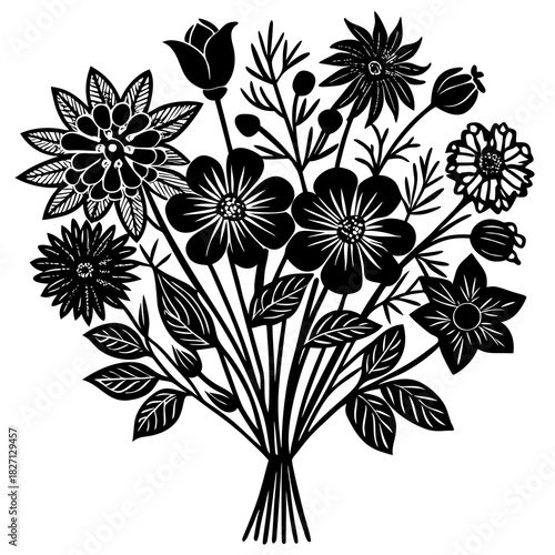 Detailed black silhouette of a floral arrangement featuring various flowers and leaves against a white background Generative AI