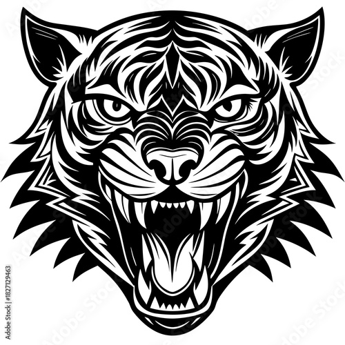 Fierce black and white tiger head illustration showing strong features and roaring expression for art project or tattoo design Generative AI