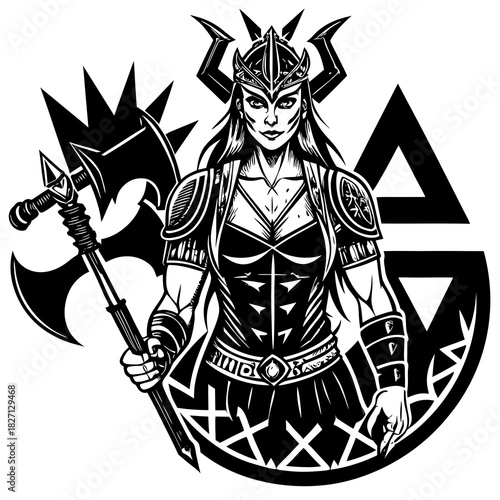 Warrior woman holding an axe with a fierce expression in a graphic design style featuring intricate details and symbols Generative AI