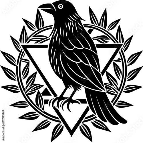 Intricate black crow design within a geometric shape surrounded by leaves, showcasing a blend of nature and symbolism Generative AI