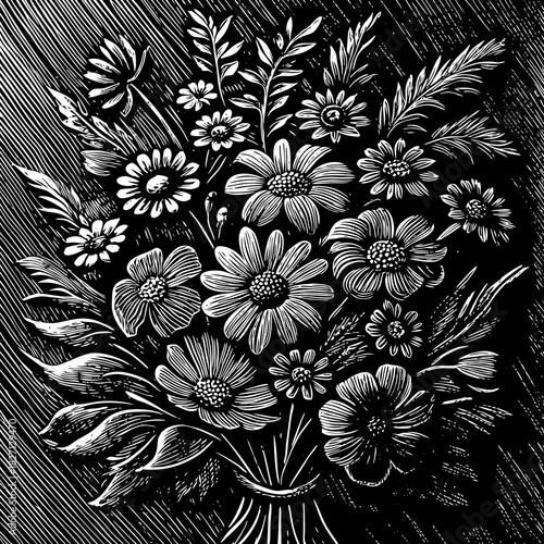 Floral bouquet illustration featuring various flowers on a dark background with detailed line art Generative AI