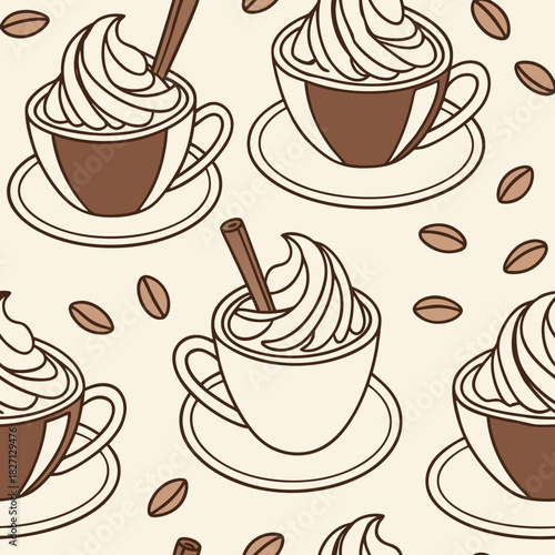 Pattern of stylish cups with creamy froth and coffee beans on light background creates a warm cafe atmosphere Generative AI