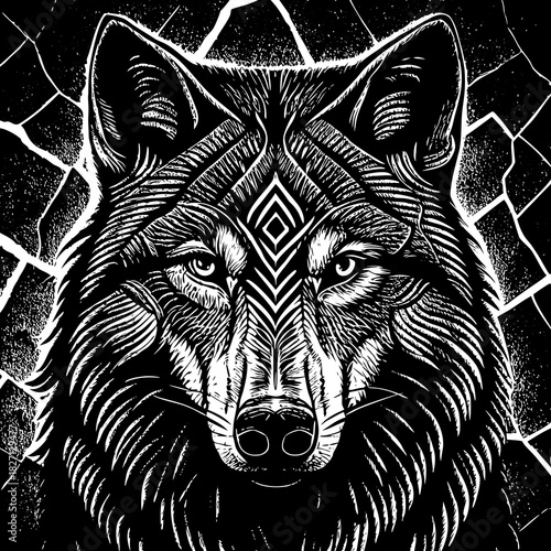 Intricate black and white illustration of a wolf with geometric patterns against a cracked background Generative AI