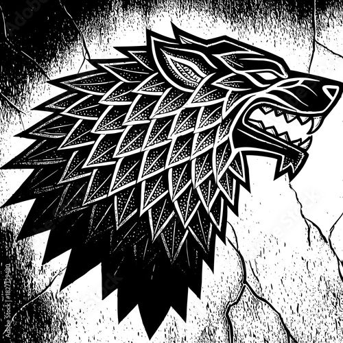 Wolf head design featuring intricate patterns and sharp features against a contrasting background Generative AI