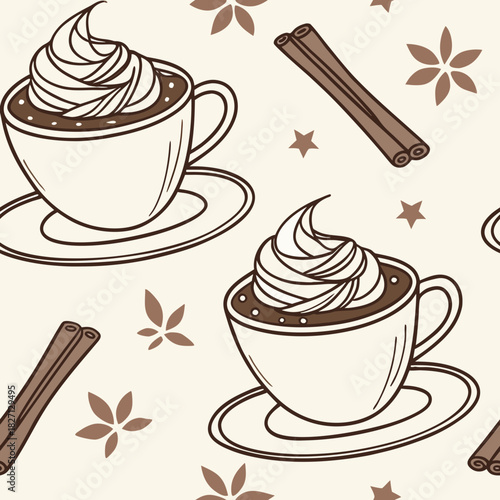 Cozy cups of hot chocolate with whipped cream and cinnamon sticks on a light background Generative AI