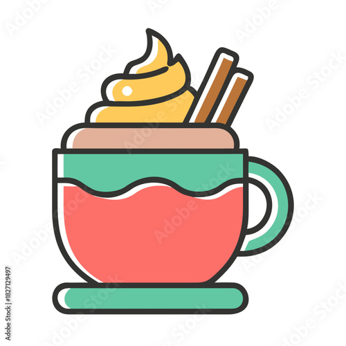 Delicious hot beverage with creamy topping and cinnamon stick served in a colorful cup Generative AI