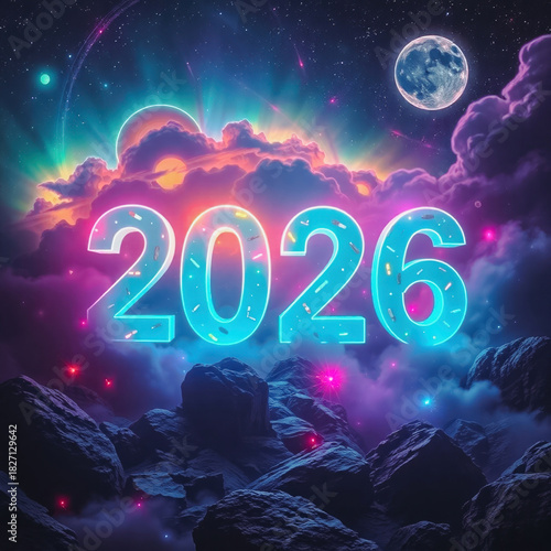 Neon 2026 skyline: cosmic dawn over jagged peaks