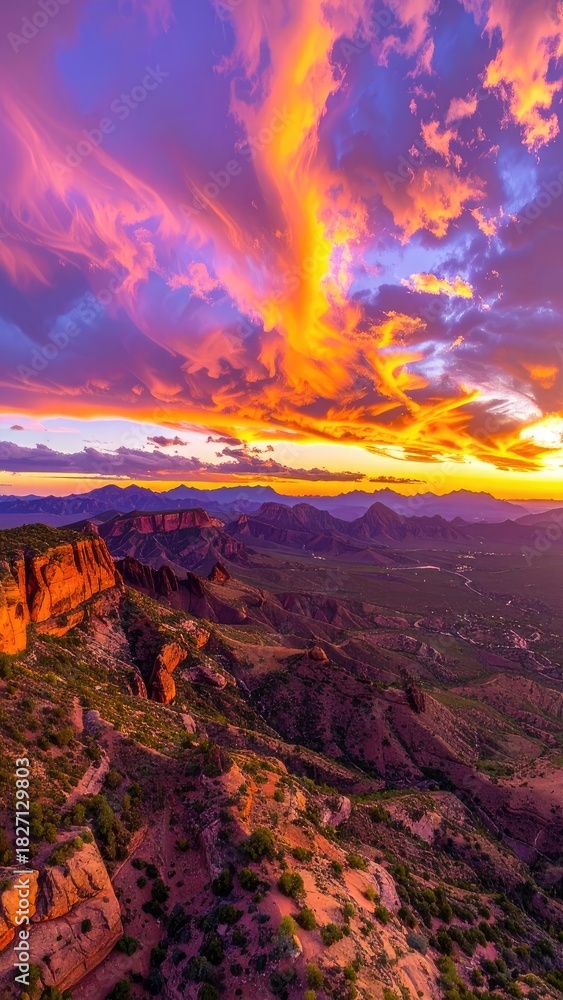 Obraz premium Dramatic desert mountain vista ablaze with vibrant sunset colors