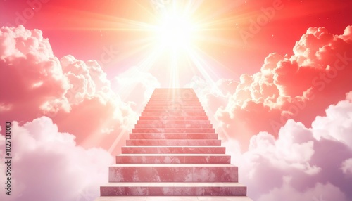 Stairway to heaven rising through pink clouds towards bright divine light, spiritual afterlife concept, faith, hope and salvation background.