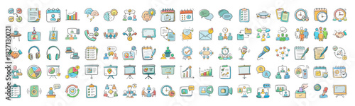 Modern business communication technology management financial planning project icons set