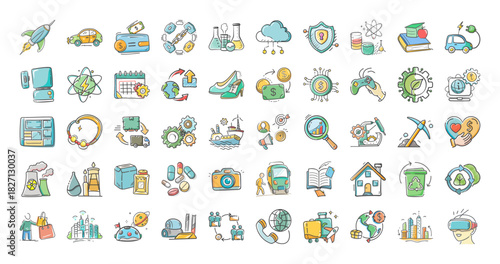 A diverse collection of hand-drawn vector icons for modern business, technology, and science.