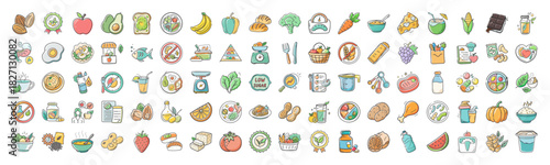 Healthy food, cooking, grocery, and kitchen item icons for diet, nutrition, and wellness
