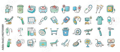 Healthcare and medical equipment icon set in a doodle style for various uses and purposes