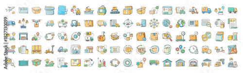 Logistic and delivery outline icon set for global supply chain and e-commerce business solutions