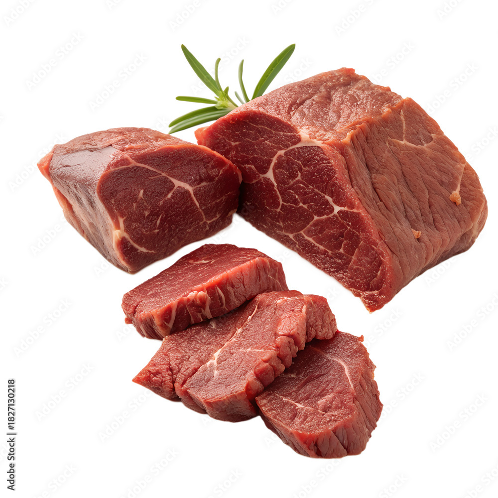 Obraz premium Fresh raw beef cuts with rosemary on a black background.