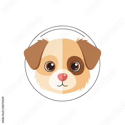 Playful cartoon dog face illustration in a circular frame.