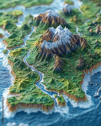 Detailed topographic map of mountainous coastal region with rivers and ocean landscape view art
