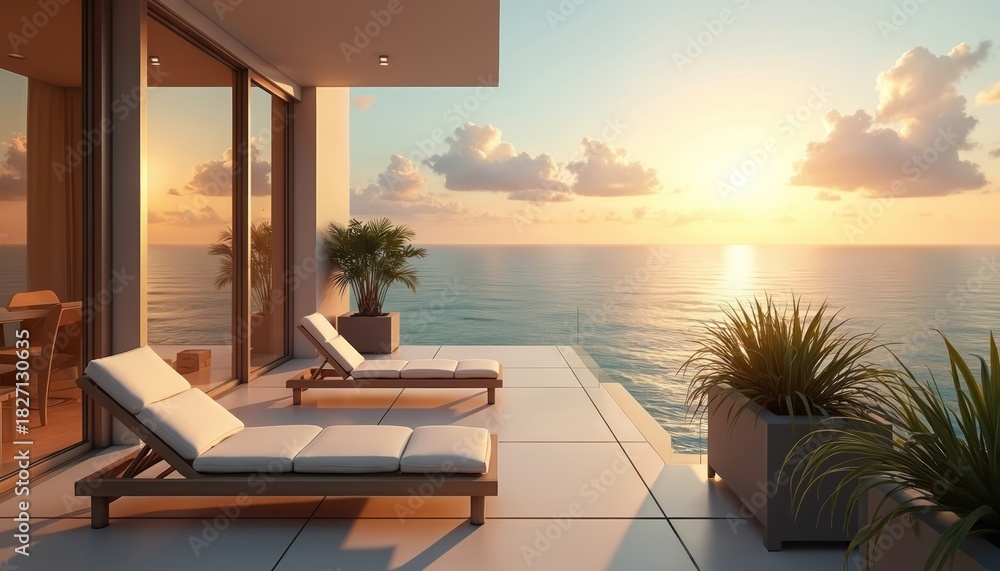 Obraz premium Luxurious terrace with ocean view at sunset. Modern apartment balcony with lounge chairs. Relaxing seaside scene at luxury hotel. Dream holiday location with scenic sea panorama.