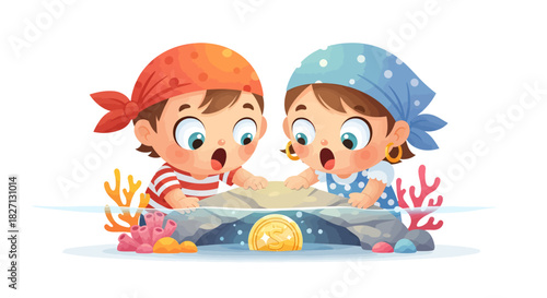 Charming Cartoon Pirate Kids Discover Hidden Treasure Beneath the Sea Floor