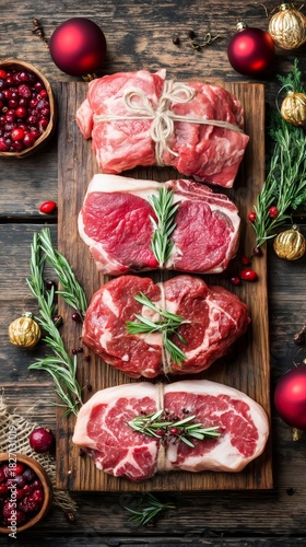 Raw Christmas meat assortment preparing for holiday dinner