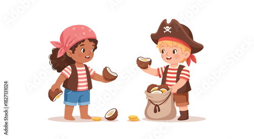 Adventurous children dressed as pirates sharing coconut treats on a playful
