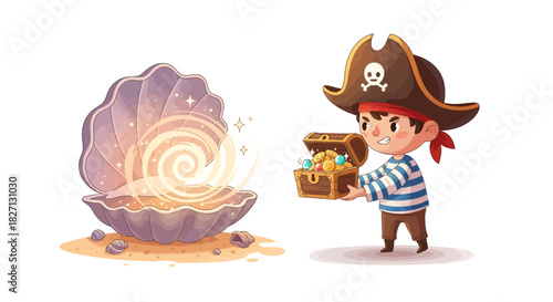Cute pirate boy discovering a mysterious glowing magical shell treasure chest