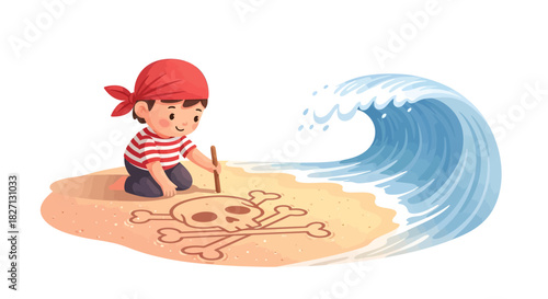 Adventurous young pirate boy drawing a skull and crossbones on sandy beach