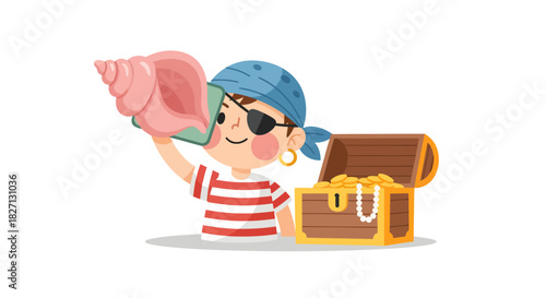 Playful pirate girl with eye patch and treasure chest filled with gold coins