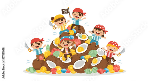 Cheerful children dressed as pirates enjoying a playful sandcastle building