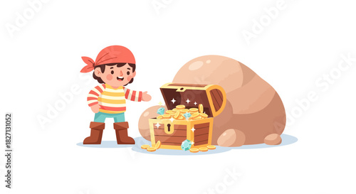 Adventurous young pirate girl discovering hidden treasure in a whimsical