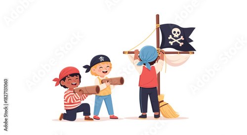 Young children engaging in a playful pirate adventure with makeshift ship and