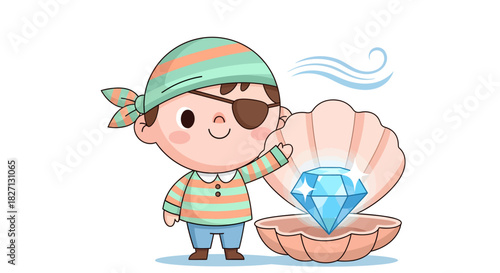 Cute cartoon pirate child discovering a sparkling blue gemstone inside a clam