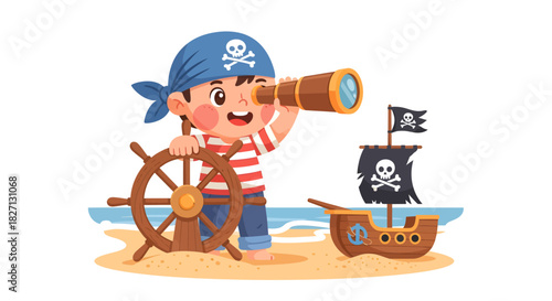 Adventurous young pirate child on sandy beach with telescope and ship
