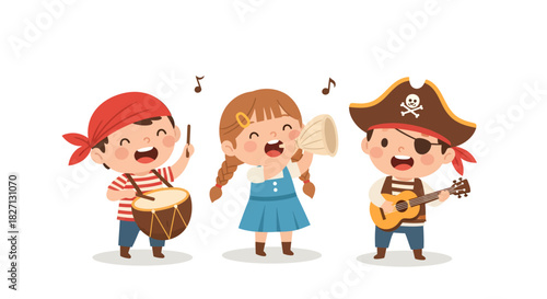 Children dressed as pirates singing and playing musical instruments in playful