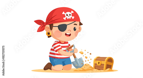 Playful young pirate child with an eye patch and treasure hunt adventure