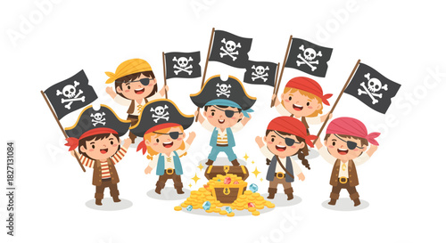 Cheerful children dressed as pirates celebrating with treasure and flags