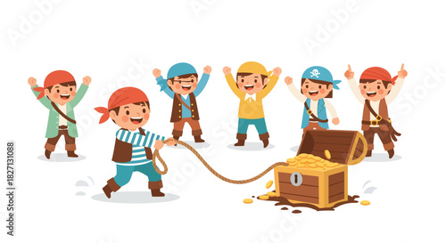 cheerful children dressed as pirates celebrating with treasure chest full of