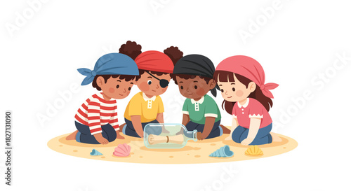 Children Engaged in Playful Exploration with Seashells and Sand on the Beach