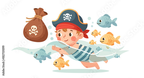 Cute pirate-themed child with fish and treasure bag in lively cartoon scene
