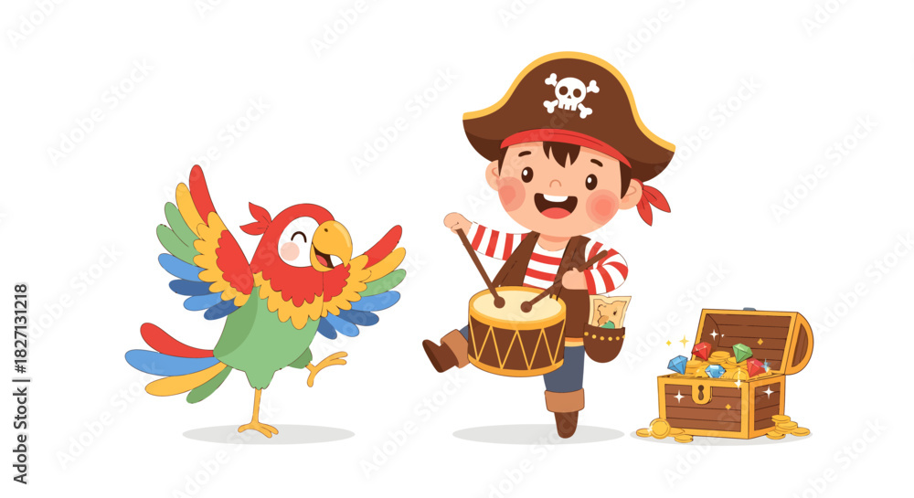 Naklejka premium playful pirate boy with colorful parrot and treasure chest illustration for