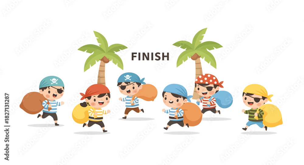 Naklejka premium Children Participating in Exciting Sack Race Adventure on Tropical Beach with