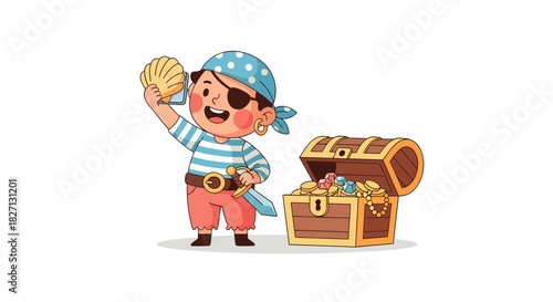 Whimsical cartoon pirate child discovering treasure chest filled with gems and