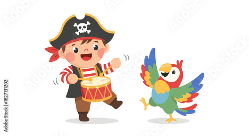 Playful pirate child dressed up with a lively colorful parrot cartoon