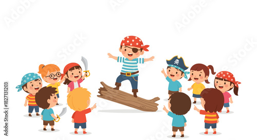 Children Playing Pirate Treasure Hunt Game with Enthusiasm and Team Spirit in