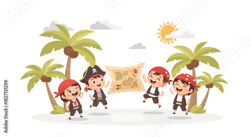 joyful children dressed as pirates exploring tropical island with palm trees