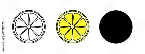Graphic rendition of cut lemon in monochrome, colored and filled black on white