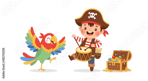 playful pirate boy with colorful parrot and treasure chest illustration for