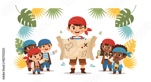 adventure seeking young pirates with treasure map and crew on jungle expedition